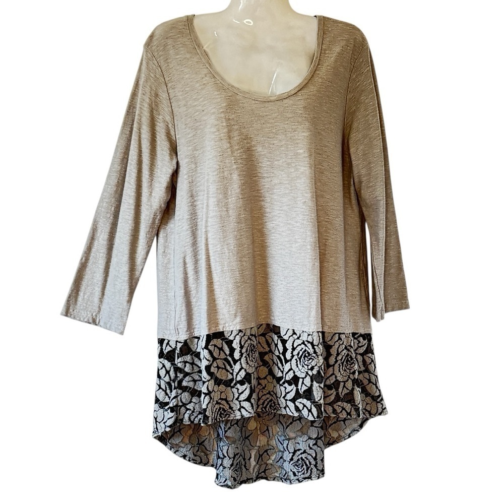 Cut Loose Tunic Linen Blend Lagenlook Long Grey Heather with Lace Peplum Large